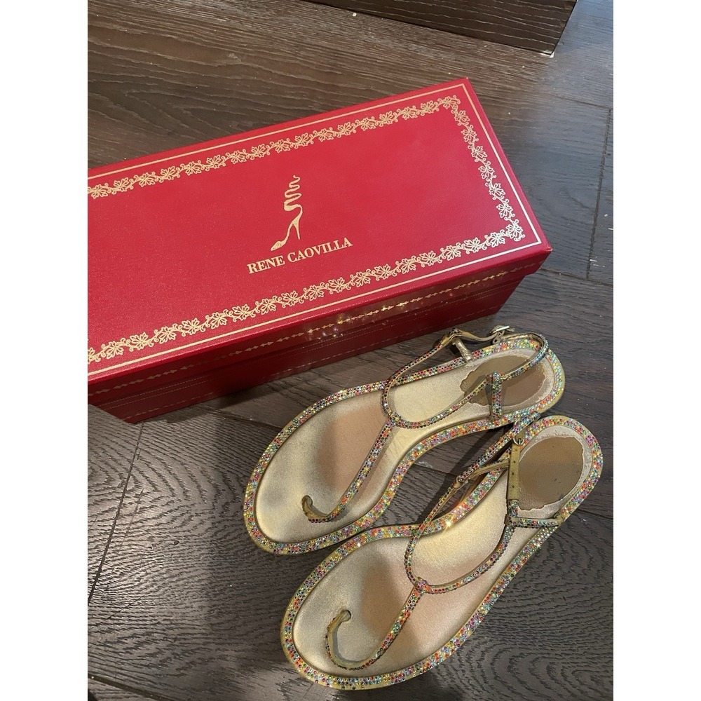 Rene Caovilla T Strap Flat Sandals With Crystal Detail Size 37.5 - SEE PICS